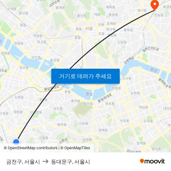 금천구, 서울시 to 동대문구, 서울시 map