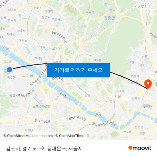 김포시, 경기도 to 동대문구, 서울시 map