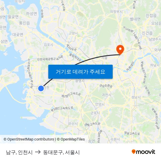 남구, 인천시 to 동대문구, 서울시 map