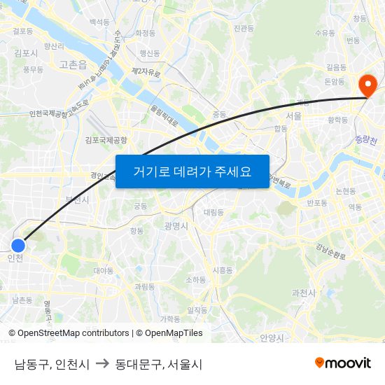 남동구, 인천시 to 동대문구, 서울시 map