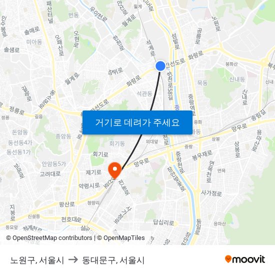 노원구, 서울시 to 동대문구, 서울시 map