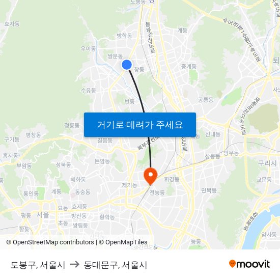 도봉구, 서울시 to 동대문구, 서울시 map