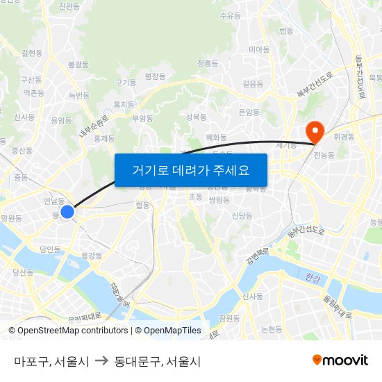 마포구, 서울시 to 동대문구, 서울시 map