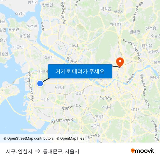 서구, 인천시 to 동대문구, 서울시 map