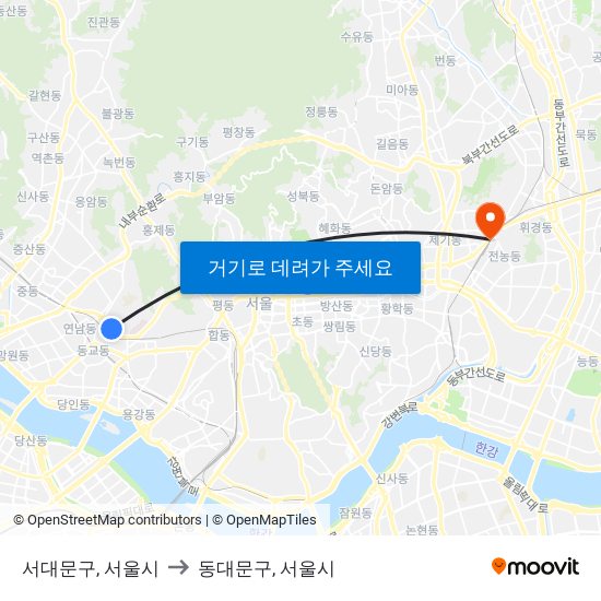 서대문구, 서울시 to 동대문구, 서울시 map