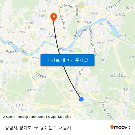 성남시, 경기도 to 동대문구, 서울시 map