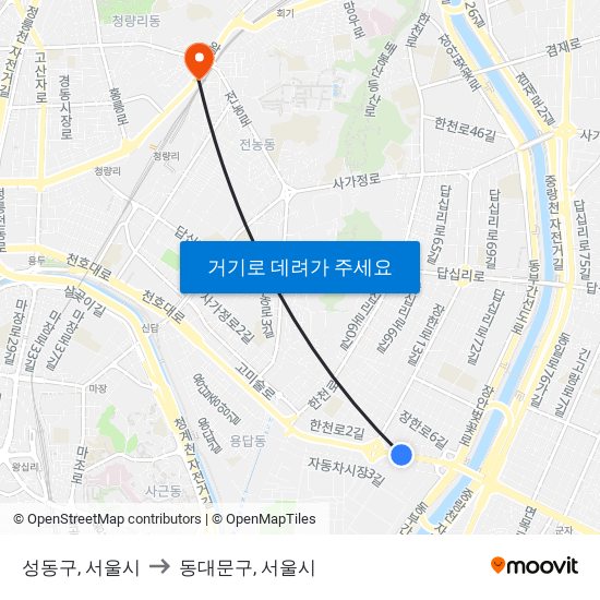 성동구, 서울시 to 동대문구, 서울시 map