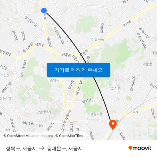 성북구, 서울시 to 동대문구, 서울시 map