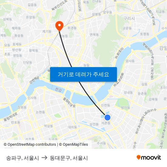송파구, 서울시 to 동대문구, 서울시 map