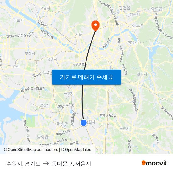 수원시, 경기도 to 동대문구, 서울시 map
