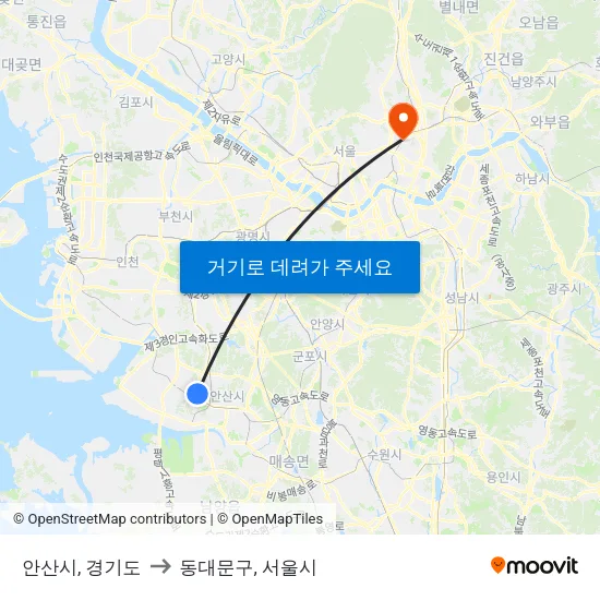 안산시, 경기도 to 동대문구, 서울시 map