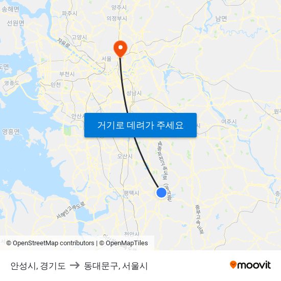 안성시, 경기도 to 동대문구, 서울시 map