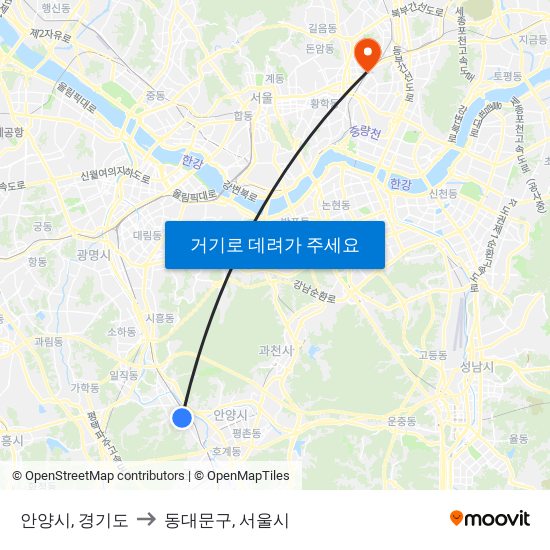 안양시, 경기도 to 동대문구, 서울시 map