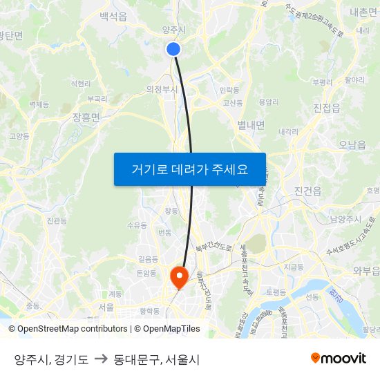 양주시, 경기도 to 동대문구, 서울시 map