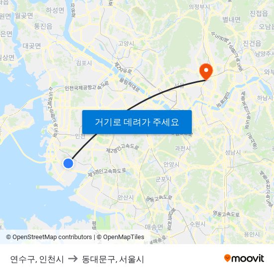 연수구, 인천시 to 동대문구, 서울시 map
