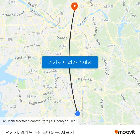 오산시, 경기도 to 동대문구, 서울시 map