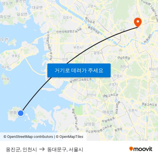 옹진군, 인천시 to 동대문구, 서울시 map