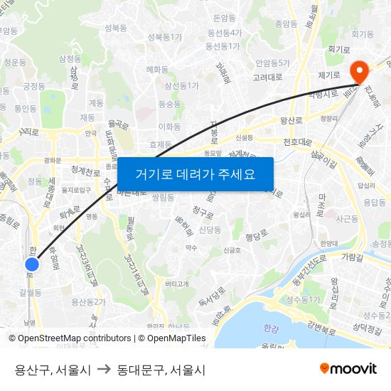 용산구, 서울시 to 동대문구, 서울시 map