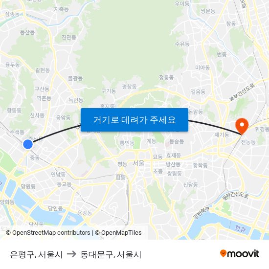 은평구, 서울시 to 동대문구, 서울시 map