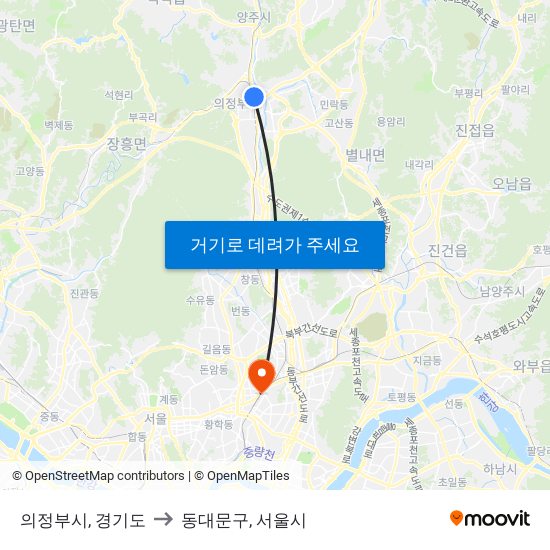 의정부시, 경기도 to 동대문구, 서울시 map