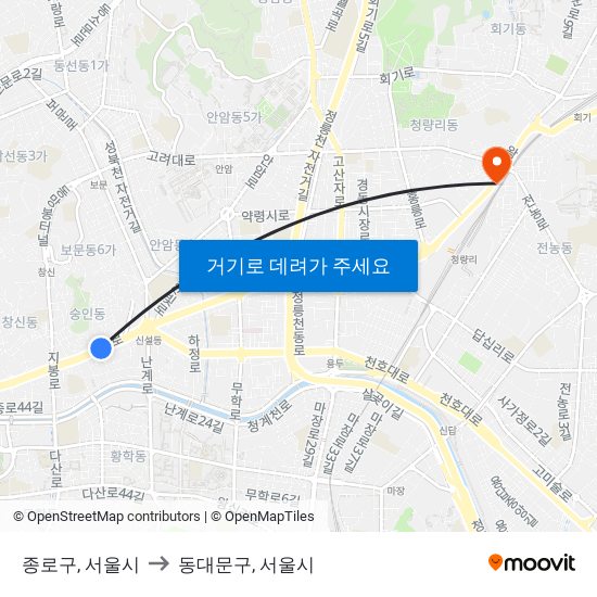종로구, 서울시 to 동대문구, 서울시 map