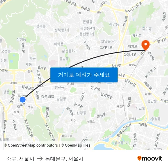 중구, 서울시 to 동대문구, 서울시 map