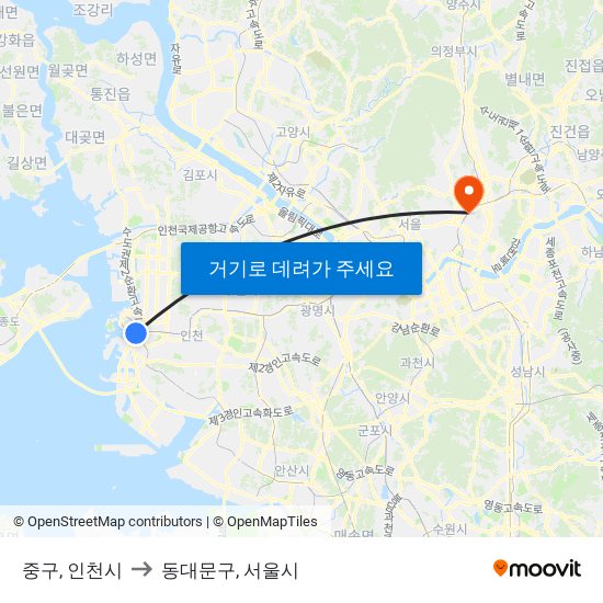 중구, 인천시 to 동대문구, 서울시 map