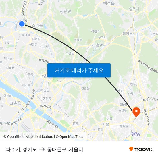 파주시, 경기도 to 동대문구, 서울시 map