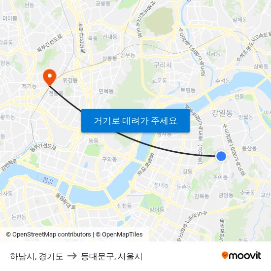 하남시, 경기도 to 동대문구, 서울시 map