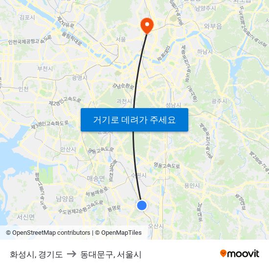 화성시, 경기도 to 동대문구, 서울시 map