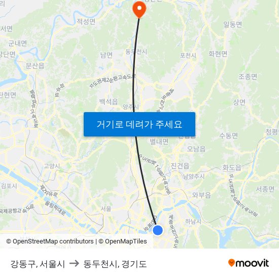 강동구, 서울시 to 동두천시, 경기도 map