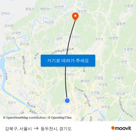 강북구, 서울시 to 동두천시, 경기도 map