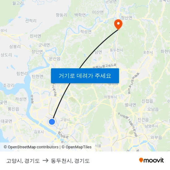 고양시, 경기도 to 동두천시, 경기도 map