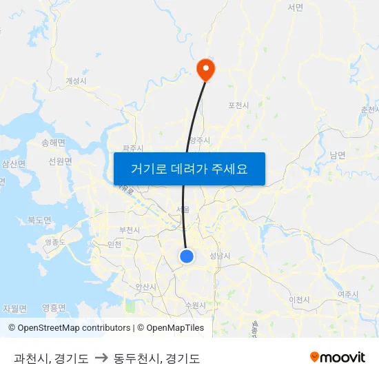 과천시, 경기도 to 동두천시, 경기도 map