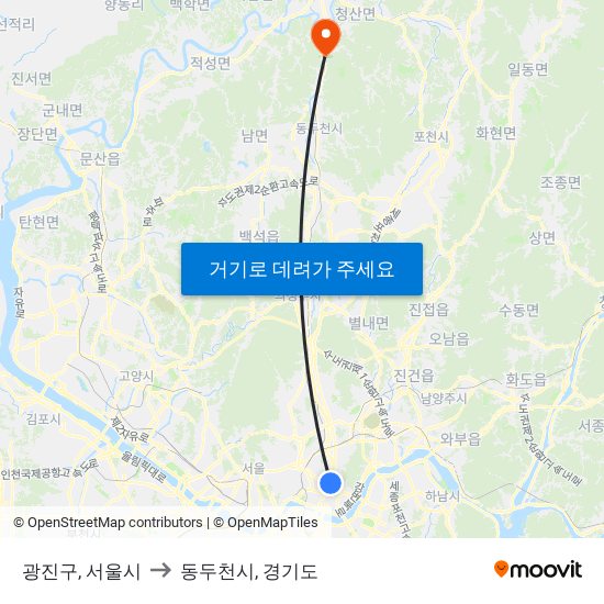 광진구, 서울시 to 동두천시, 경기도 map