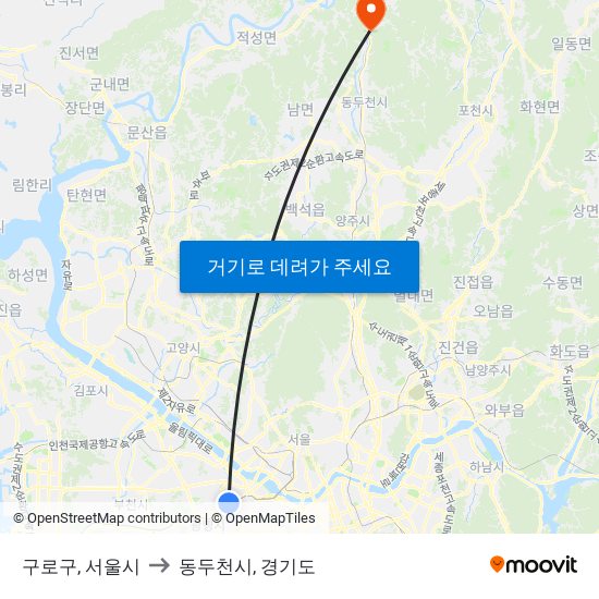 구로구, 서울시 to 동두천시, 경기도 map