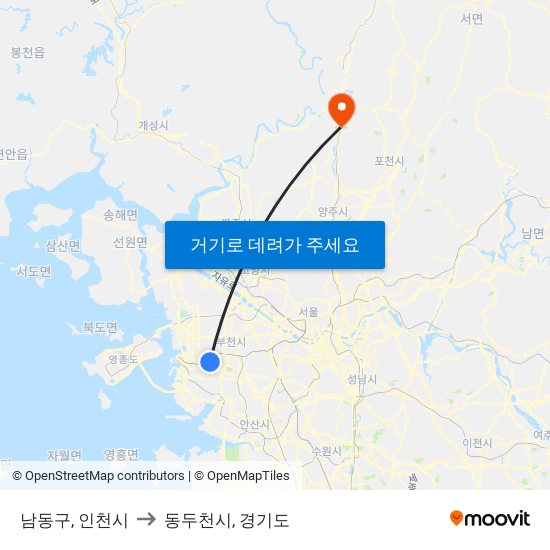 남동구, 인천시 to 동두천시, 경기도 map