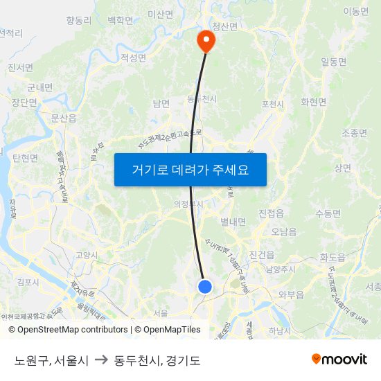 노원구, 서울시 to 동두천시, 경기도 map