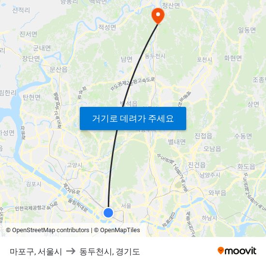 마포구, 서울시 to 동두천시, 경기도 map