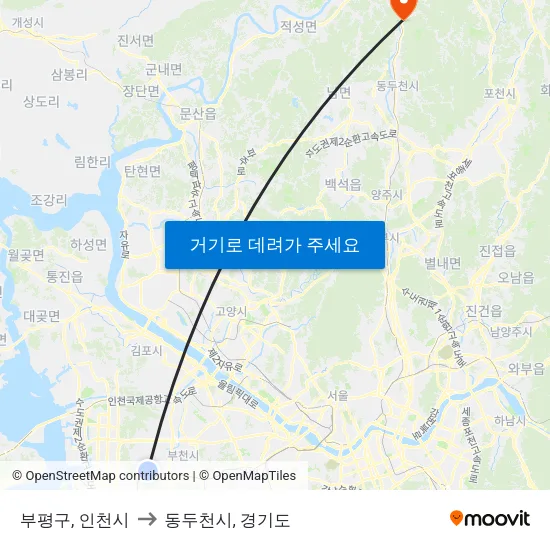 부평구, 인천시 to 동두천시, 경기도 map