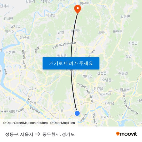 성동구, 서울시 to 동두천시, 경기도 map