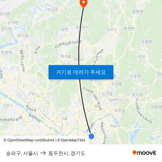 송파구, 서울시 to 동두천시, 경기도 map