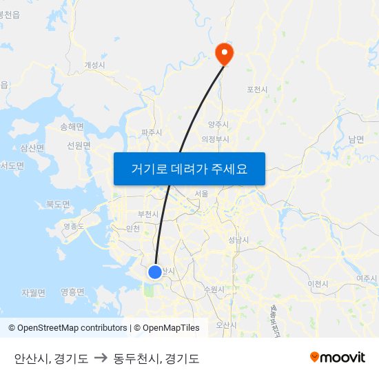 안산시, 경기도 to 동두천시, 경기도 map