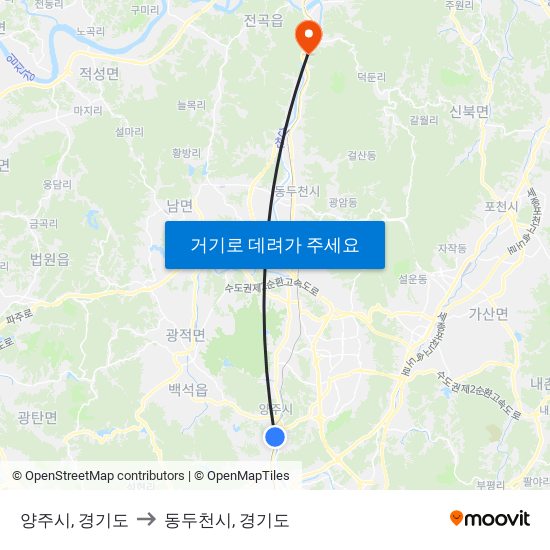 양주시, 경기도 to 동두천시, 경기도 map