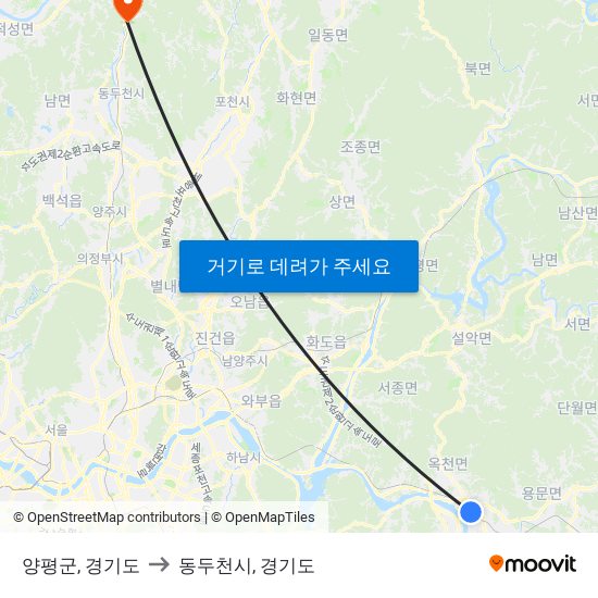 양평군, 경기도 to 동두천시, 경기도 map