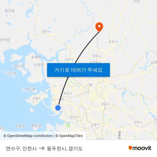 연수구, 인천시 to 동두천시, 경기도 map