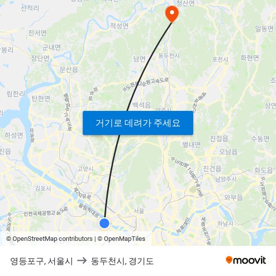 영등포구, 서울시 to 동두천시, 경기도 map