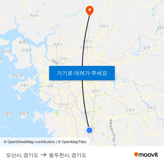 오산시, 경기도 to 동두천시, 경기도 map