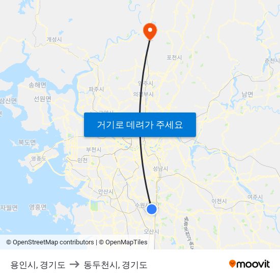 용인시, 경기도 to 동두천시, 경기도 map