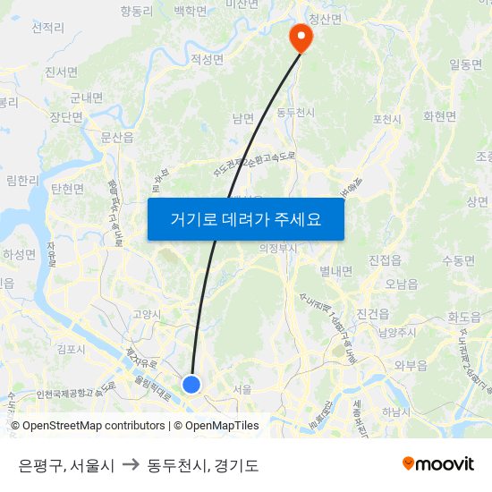 은평구, 서울시 to 동두천시, 경기도 map